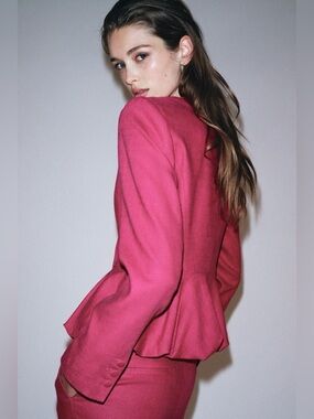 ZARA Fuchsia Pink Linen-blend Peplum Blazer Jacket. S